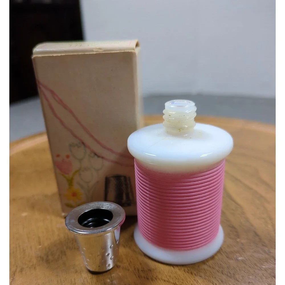 Vtg Avon Sewing Notions Thimble Top Milk Glass Spool Pink Thread Bottle‎ Empty